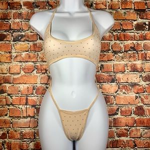 Exotic dancer nude mesh rhinestone one piece